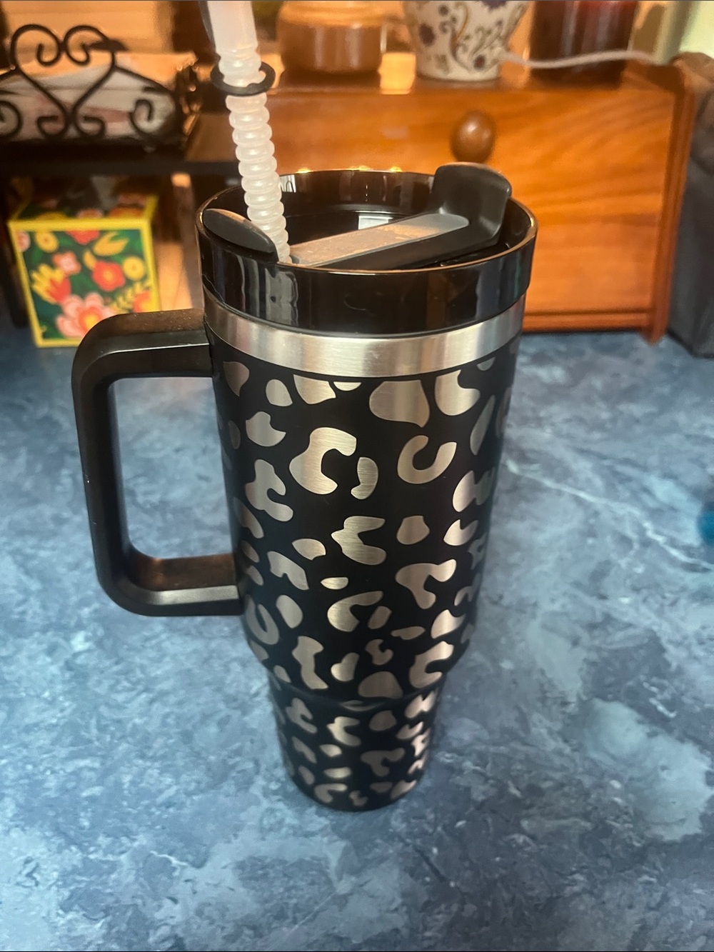 40 oz Black Leopard Print Stainless Travel Tumbler with Handle